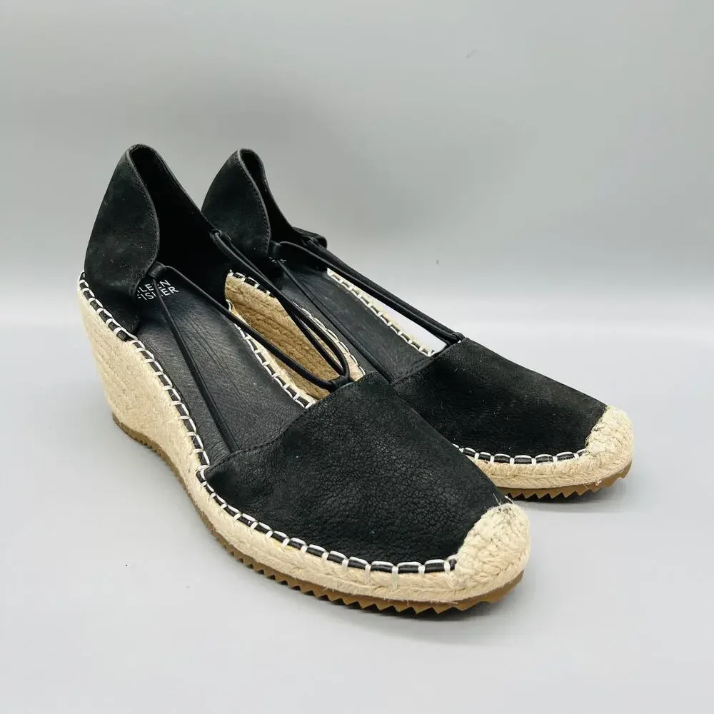 Eileen Fisher Shoes Women 9.5 Black Nubuck Yasmin Espadrille Wedge Heels Slip On